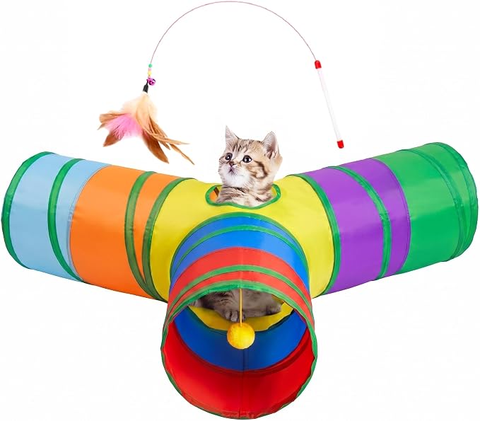 Tempcore Cat Tunnel, 3-Way Collapsible Toy, Large Size Rainbow
