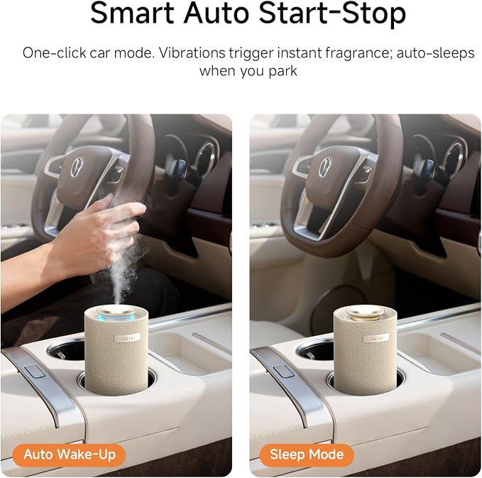 Waterless Essential Oil Diffuser with Vibration-Activated Auto Start-Stop for Car, Portable Rechargeable Cordless Small Oil Diffuser for Home, 2 Scent Settings, Fits 5/10/15ml Oil Bottles, Cream White