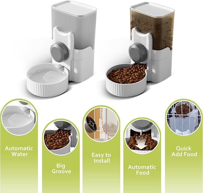 Hanging Cage Auto Pet Food Bowl Water Bottle Dispenser, 1L, Grey | Auto Gravity Pet Feeder and Waterer Set, Kennel Feeding Station, Crate Feeder Dish, For Rabbit Puppy Cats Ferret