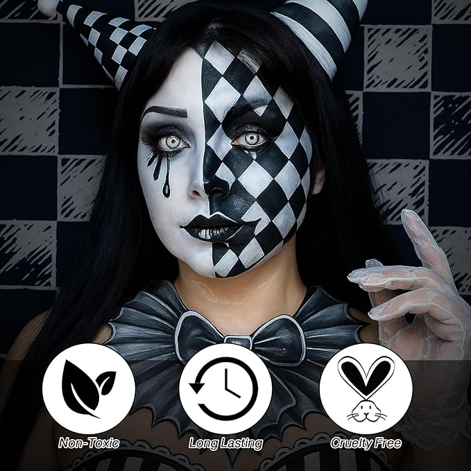 Black White Gray Face Paint Palette – Oil-Based Grease Makeup 3-in-1 Jar with 5 Brushes & 3 Sponges – Waterproof, Sweat-Proof, Easy On & Off SFX Makeup for Halloween, Cosplay, Gothic & Stage Looksy