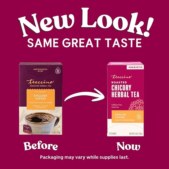 Teeccino English Toffee Herbal Tea - 25 Tea Bags - Rich & Roasted Herbal Tea That’s Caffeine Free & Prebiotic For Natural Energy & Good Digestion, 3 X More Herbs In Each Tea Bag