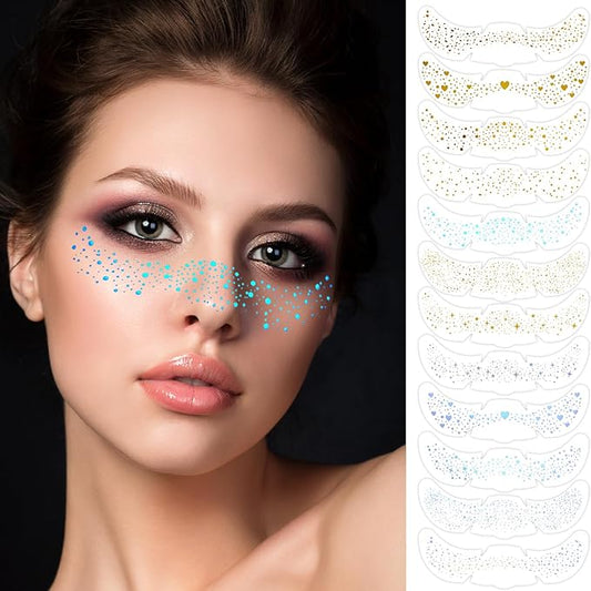 12 pcs Glitter Freckles Holographic Face Body Glitter Tattoo Sparkle Gold Glow Cosmetic Cute Star Temporary Face Tattoo Waterproof Sweatproof Sparkle Speckles Patches for Women Festival Rave Party
