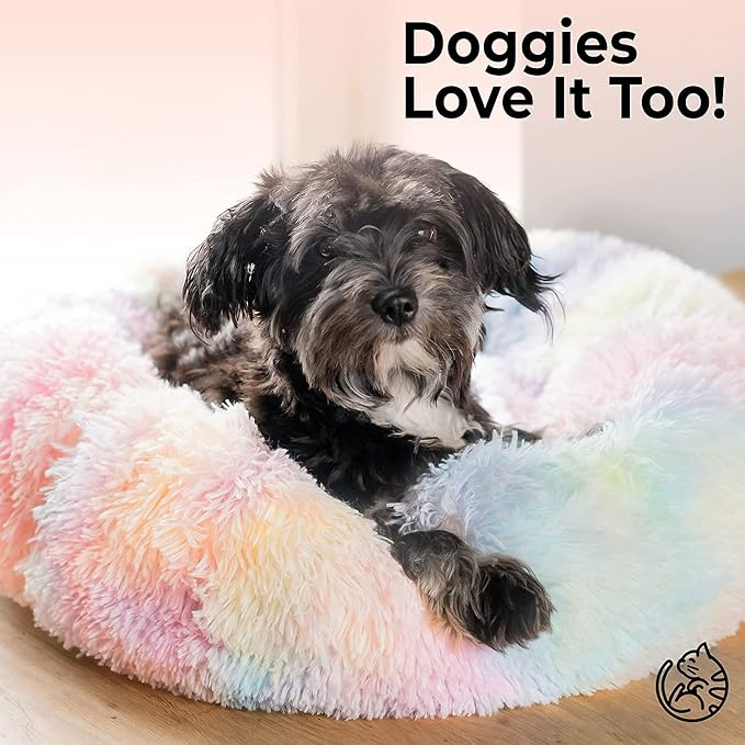 Cat Bed for Indoor Cats and Small Medium Dogs - Washable 20/24 Inches, Anti-Anxiety Round Fluffy Plush Faux Fur, Thick Bottom (Rainbow, Medium)