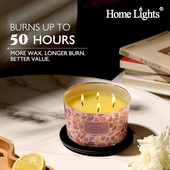HomeLights Coral Paradise Scented Candles | 18oz Soy Candles Bohemian Natural Textures 4-Wick Large Candle Jars | Ideal Candle Gifts for Events, Home Decor Stress, Relief & Relaxation
