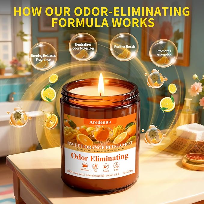 Sweet Orange Bergamot Odor Eliminating Candles | Eliminates 95% of Pet, Smoke, Food, and Other Smells Quickly | 7oz Soy Candle for Home Scented | Air Freshening Scented Candle for Positive & Relax