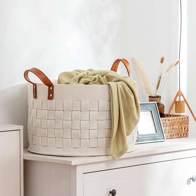 BOLDMONEKY Blankets Basket 20" x20 " x11.8 ", Large Round Laundry Hamper with Leather Handle, Soft Dog Toy Woven Basket for Storage-Beige