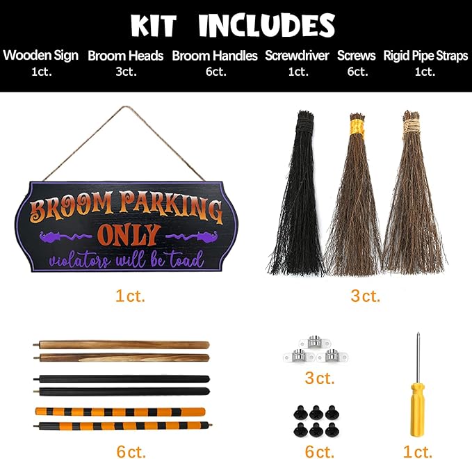 Halloween Decorations - Broom Parking Sign with 3 Wooden Witches Brooms | Hocus Pocus Decor, Halloween Decor, Front Porch Wall Decoration, For Indoor Outdoor Home Office Party