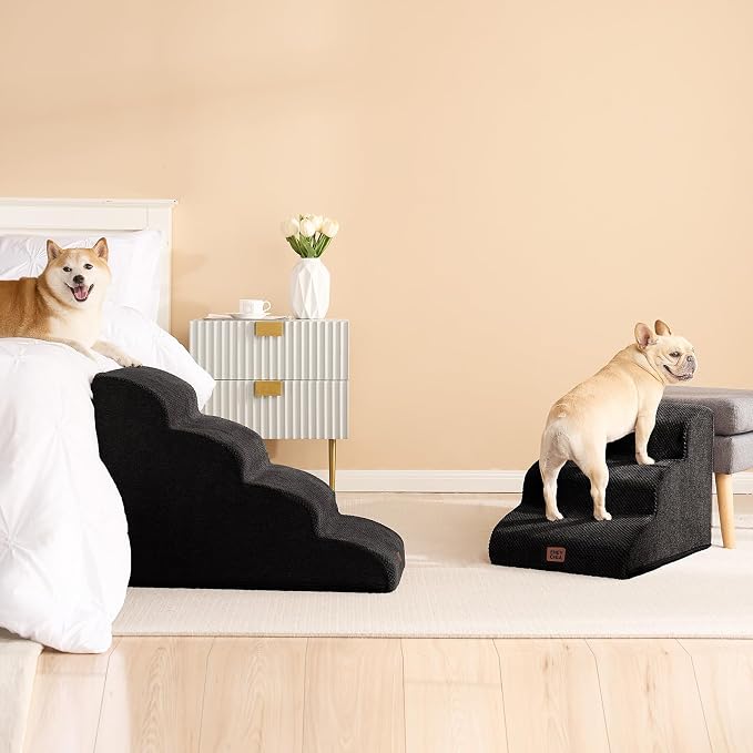 EHEYCIGA Curved Dog Stairs Ramp, 3-Step Dog Steps, 15.7" H Pet Step | 33D density of pure foam, for Small Dogs and Cats, Pet Stairs for High Bed Climbing, Non-Slip Balanced Indoor, Black
