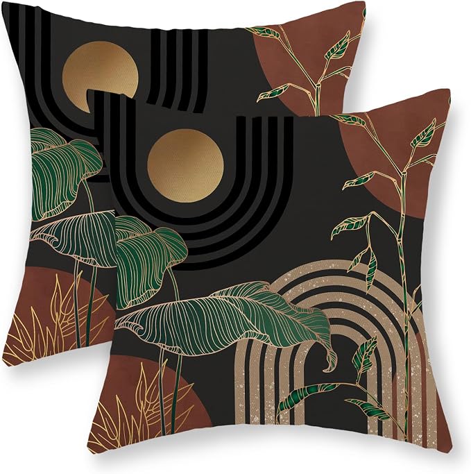 Boho Grey Rust Brown Pillow Covers 18x18 Set of 2 Gold Green Leaf Tropical Mid Century Throw Pillows Outdoor Bohemian Modern Decorative Pillowcase Farmhouse Cushion Case for Couch Sofa Decor
