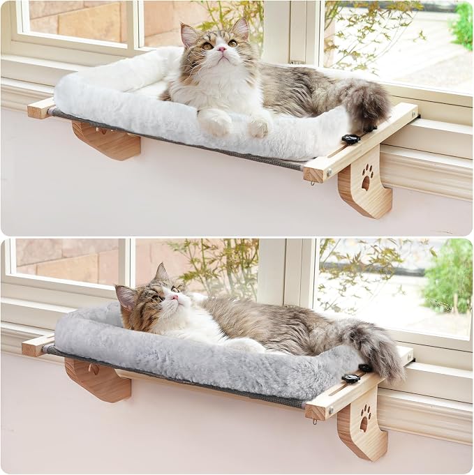 AMOSIJOY Wooden Cat Windowsill Perch with Zipper Cushion Bed, 27.5in | Sturdy Wood & Metal Frame Hold up to 40lbs, Machine Washable, Easy to Adjust, Hook-on Mounting Cat Hammock Seat for Large Cat