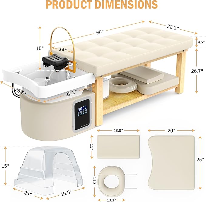 Olela Heavy Duty Head Spa Bed - Headspa Equipment with Water Cycle & Fumigation Salon Equipment, Stationary Massage Table with U Shaped Head Basin and Wood Frame for Beauty Salon