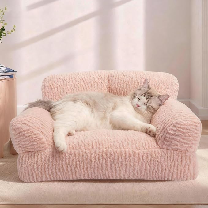 KHONSU PET Pink Cat Couch Sofa Bed - Fluffy Orthopedic Pet Lounge for Indoor Cats, Removable Washable Cover, Supportive Kitten Couch, 30 inch