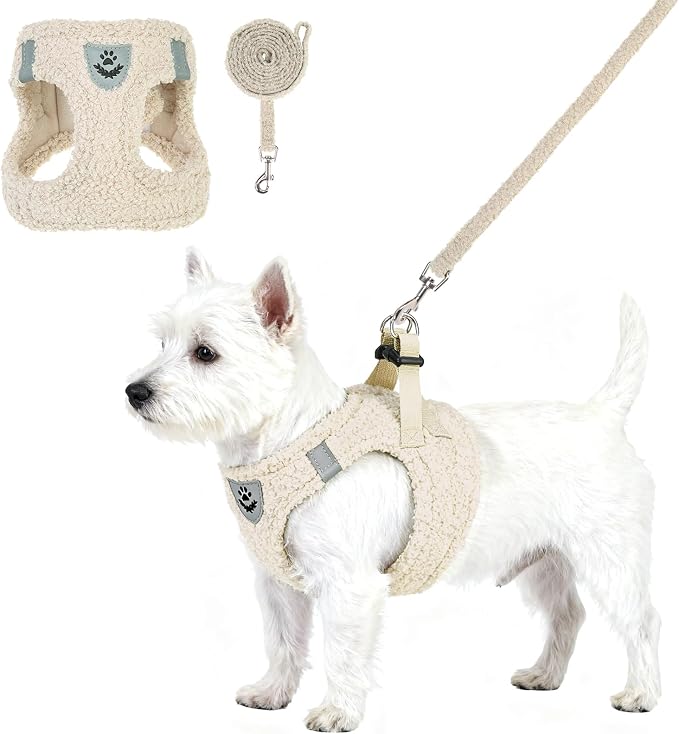 KOOLTAIL Plush Small Dog Harness and Leash Set, Warm Fleece No Pull Puppy Vest for Winter, Lightweight Reflective Step in Pet Harness for Medium Sized Dogs Boy Girl Outdoor Walking Cute Soft, Beige S