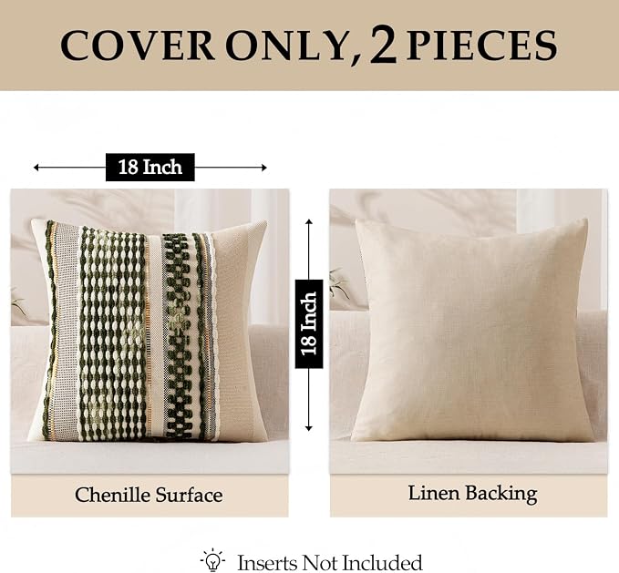 ANRODUO Boho Decorative Pillow Covers Olive Green Stripe 20x20 Pack of 2 | Throw Pillow Covers, Farmhouse Cushion Case, Chenille Pillow Cases, Pillow Covers, Accent Neutral Pillowcase for Couch Bed