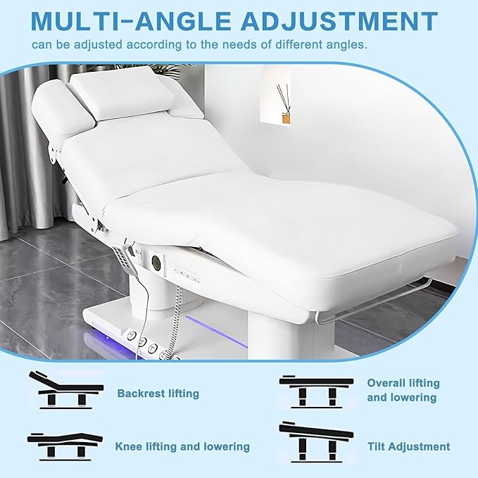 Electric Facial Bed - Message Table Includes White Modern Design with Mood Light,Spa Beauty Bed with Multi-Angle Adjustment & One-Button Heating,Towel Rack for Tattoo Shop