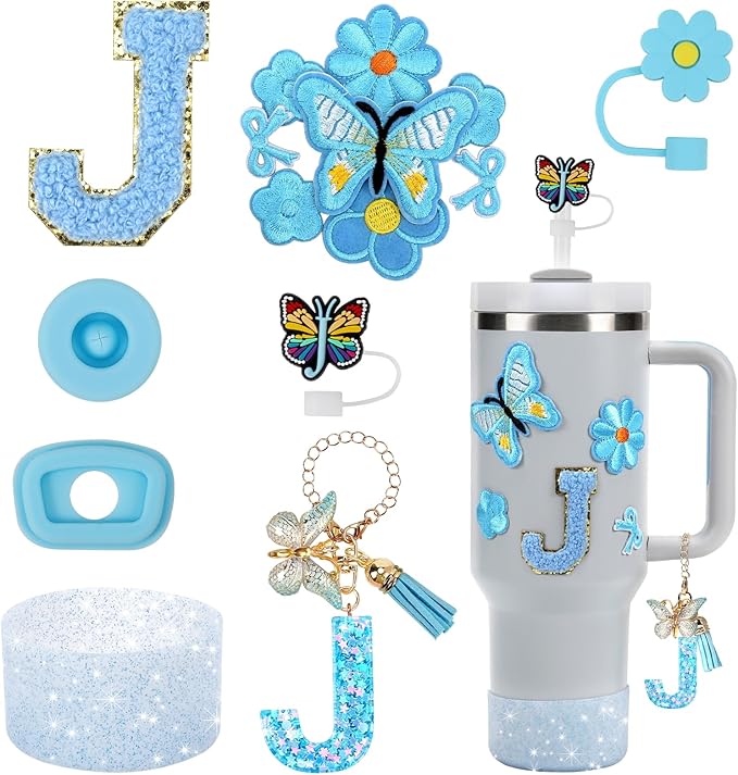 15PCS Cup Accessories Set for Stanley Cup 30oz 40oz Tumbler with Handle, Including Silicone Straw Cover and Boot, Spill Proof Stopper, Stanley Charms, Handle Charm, Initials Sticker