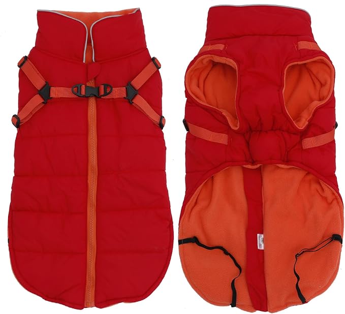 Geyecete Winter Warm Coat Waterproof Dog Winter Jacket with Harness Traction Belt,Windproof Pet Outdoor Jacket Dog Autumn-Red-XL