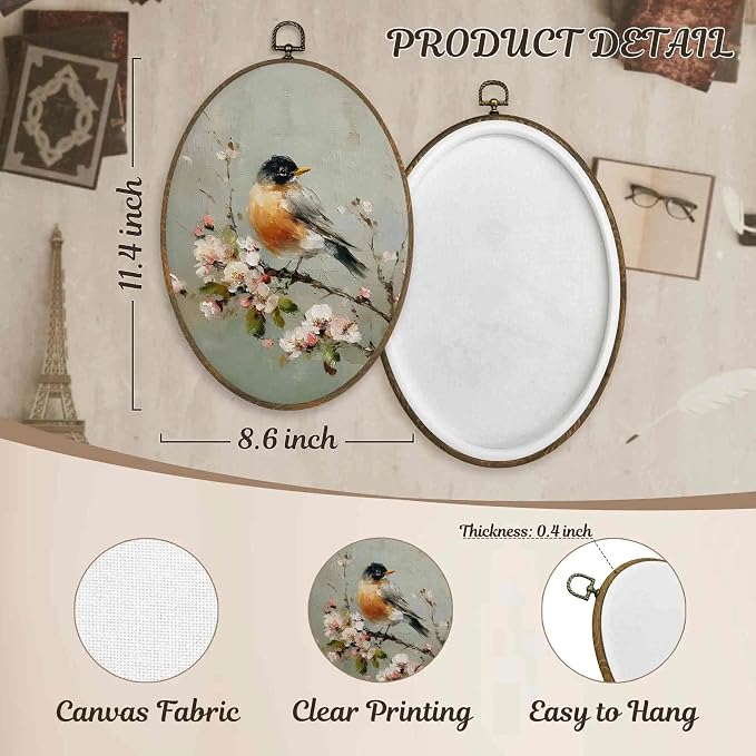 LKETW Vintage Bird Floral Oval Wall Art Decor, Rustic Farmhouse Oval Canvas Hanging Decor, Cottagecore Botanical Bird Flower Wall Decorations for Home Bedroom Living Room, 8.6x11.4 Inch