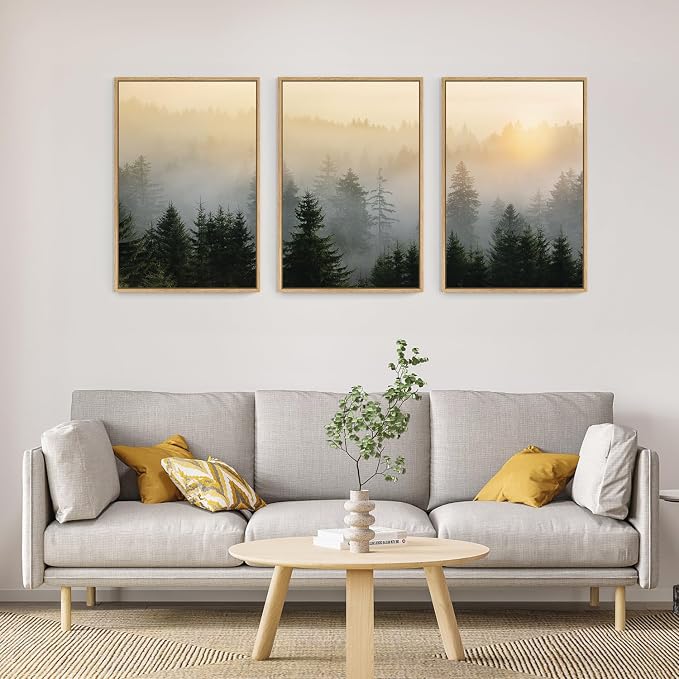 FWIEXA Misty Forest Wall Art Canvas Set, Framed Mountain Wall Decor, 3 Piece Nature Wall Painting, Foggy Pine Tree Landscape Artwork, 16x24 Inches Green Pictures for Living Room, Bedroom, Office, Gift
