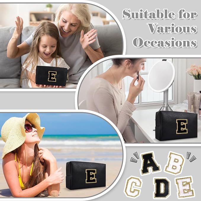 Personalized Initial A-Z Preppy Patch Makeup Bag,Small PU Chenille Letter Cosmetic Bag with Zipper for Teen Girls,Black Cute Toiletry Organizer Bag,Monogram Makeup Case Gift for Women Girls,Letter E