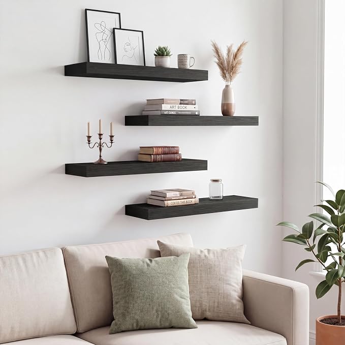 Fixwal Floating Shelves for Wall Decor (Black, Set of 4, 15.7 Inch) | MDF Shelves with Metal Brackets, Space Saving for Books, Decor, Works in Bathroom, Kitchen, Living Room, Bedroom