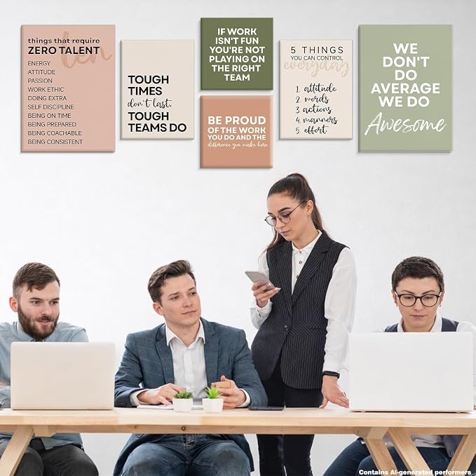 Framed Motivational Office Wall Decor, Set of 6 Boho Inspirational Teamwork Canvas Wall Art, Office Artwork Decorations for Work, Positive Quotes Team Gifts for Team Leader Boss