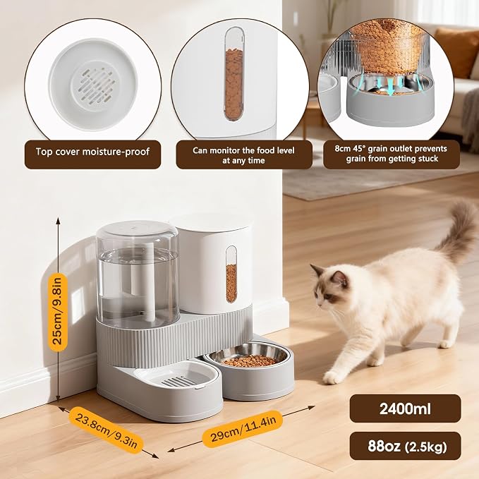 2 in 1 Automatic Gravity Cat Dog Feeder and Water Dispenser with 304 Stainless Steel Bowls, 360 Degree Rotatable Auto Food with 2 Specialized Brushes for Small Medium Pet Dog Puppy Kitten (Gray)