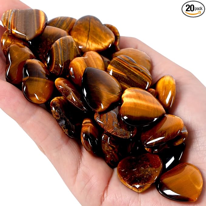 QINJIEJIE 20 PCS Natural Heart Healing Crystals Tigers Eye Polished Crystal Stones Mini Cute Pocket Palm Love Gemstones Set Bulk Wholesale Reiki Energy Balancing Valentine's Day Gift