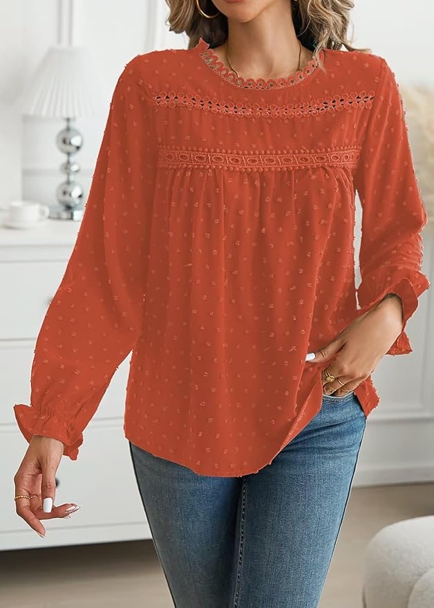 Womens Boho Tops Long Sleeve Shirts For Women Cute Crewneck Blouse Dressy Casual Swiss Dot Crochet Hollow Top 2026