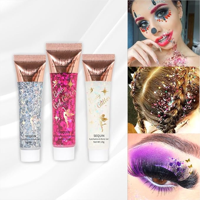 8 Color Body Glitter Silver Face Hair Self Adhesive Gel Festival Accessories Cosmetic Glitter Long Lasting Chunky Sequins Glitters for Eye Lip Nails Gel Festival Rave 23g