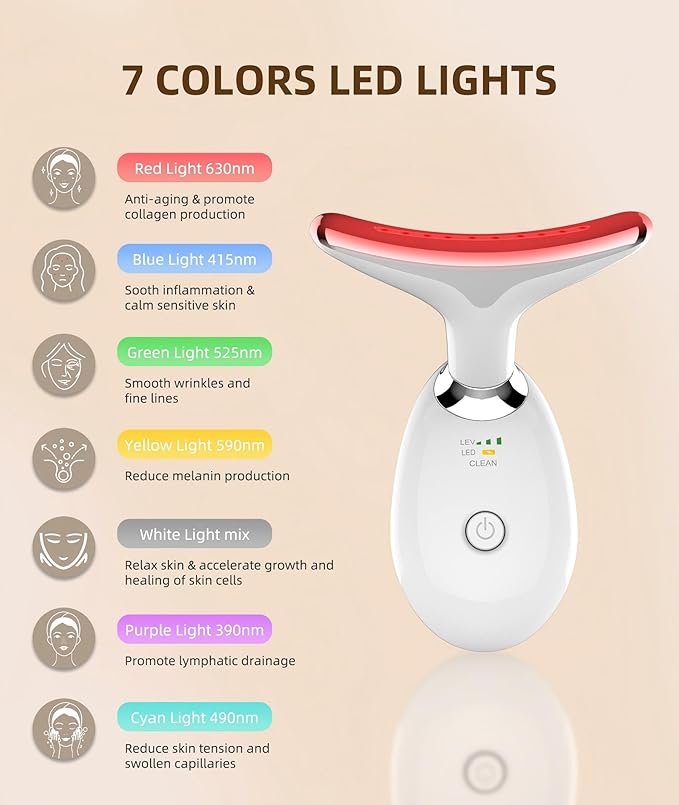 ELISHINE 7 Color Face and Neck Massager Light Therapy, Red Light Based Facial Massager for Skin Care, Smoothing, Firming (White)