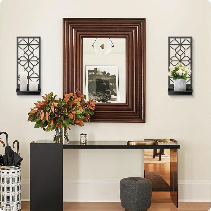 Black Wall Candle Holder Set of 2, Farmhouse Bathroom Metal Wall Decor | 3D Wall Candle Sconces, Rustic Vintage Wall Art for Bedroom, Living Room (16.5 x 7 in)