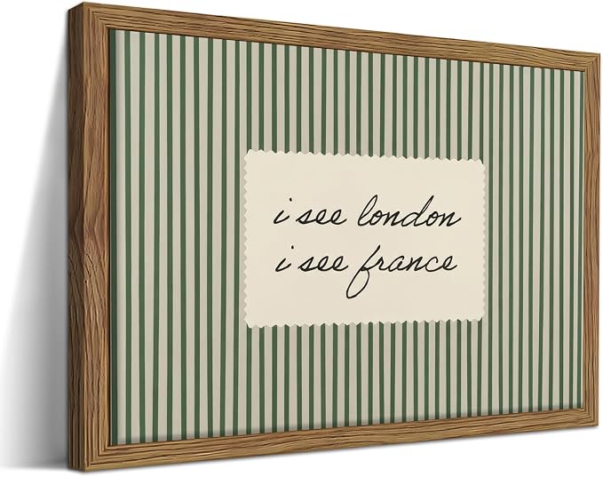 Vintage Quote Wall Art, I See London I See France Funny Bathroom Wall Decor Painting, Minimalist Green Striped Canvas Print Picture for Bathroom Bedroom Living Room 16x24 Inch Framed