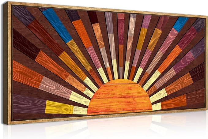 IARTTOP Extra Large Wood Sun Framed Wall Art 20x40 Inch Boho Sunrise 3D Geometric Wall Decor Mid century Sunshine Painting for Living room Bedroom Dining room Single