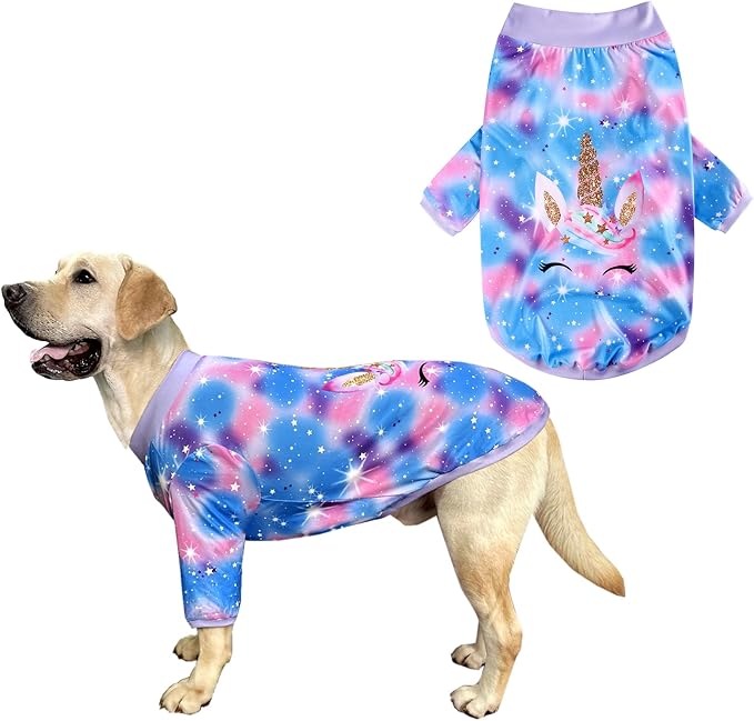 Dog Blue Purple Tiedye T Shirts Shining Unicorn Pattern Printed Pet Shirt Softable Pajamas for Large Dogs (L, Blue)