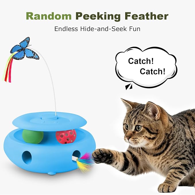 Interactive Cat Toy for Indoor Cats, 3-in-1 Automatic Kitten Toys with Fluttering Butterfly, Ambush Feather and Track Balls, USB Rechargeable Cat Enrichment & Exercise Toy