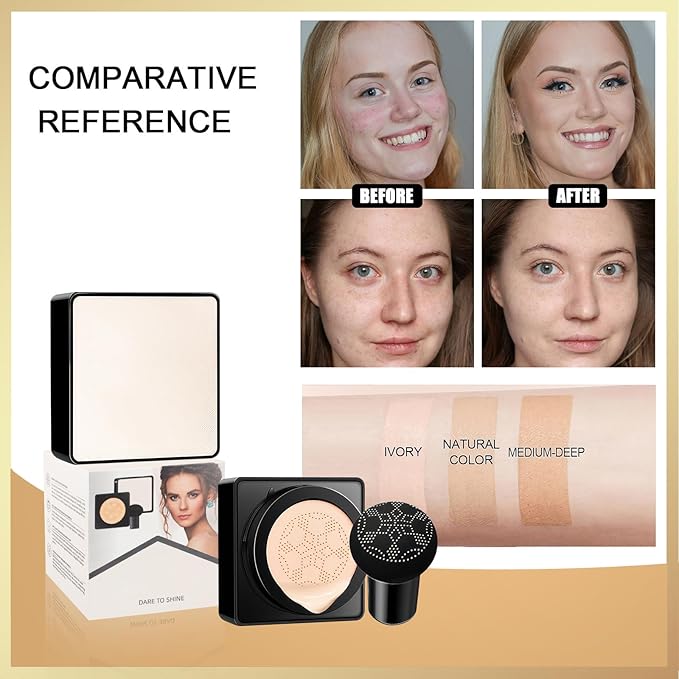 Air Cushion CC Cream - Long-Lasting Brightening Mushroom Head BB Cream Foundation for Face Makeup, Moisturizing Full Coverage Self Adjusting Concealer for Even Skin Tone, Medium Deep, 1 PCS