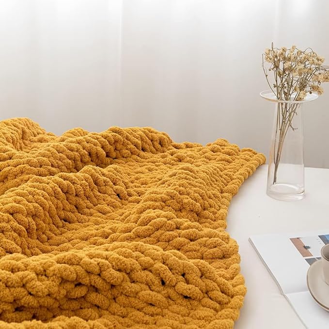 Soft Chunky Knit Throw Blanket for Couch, Cozy Warm Knitted Blankets | Hand Knit with Jumbo Chenille, Lightweight Warm Fluffy Decor for Women, Mom, Her & Girls, Sofa, Chair, Bed, 40"×40" (Yellow)