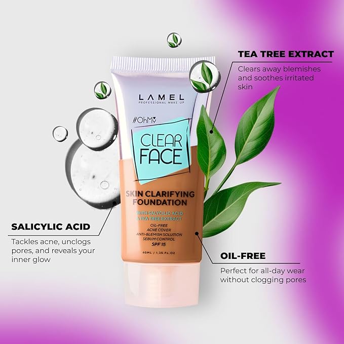 LAMEL Oh My Clear Face Full Coverage Foundation for Oily & Acne Prone Skin, Salicylic Acid & Tea Tree Extract, Anti-Blemish Sensitive Skin Care, Organic & Oil-Free, 409 Mocha, 40 ml / 1.35 fl.oz