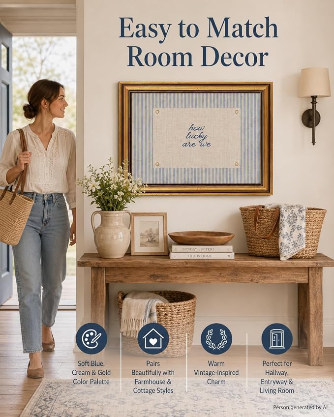 Vintage Gold Framed Wall Art, How Lucky Are We Quote Canvas, 16x24IN | Blue striped inspirational print with a rustic farmhouse look for bedrooms, living rooms, nurseries, dorms, or entryways.