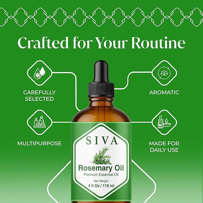 Siva Rosemary Essential Oil 4 Fl Oz – for Diffuser, Skin & Hair Care – Ideal for Massage & DIY Blends- with Dropper