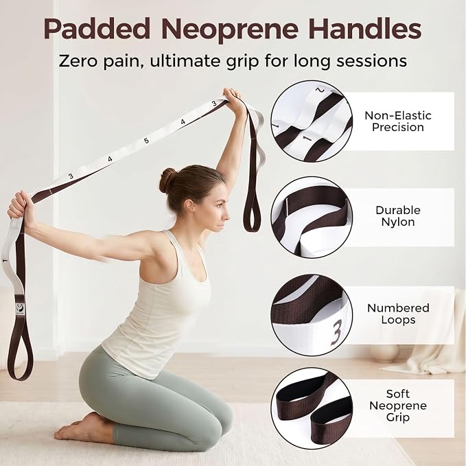 Slim Panda Stretching Strap with Loops - Non-Elastic Heavy Duty Nylon Yoga & PT - Oversized Multi-Loop Home Rehab - Hamstring Shoulder Pilates Flexibility