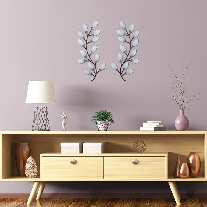 Zhengmy 2 Pcs Metal Leaf Wall Art Vine Branch Decor,Retro White | Olive Branch Metal Decor for Living Room Hallway, Symmetrical Leaf Pair for Doorway Entryway, Lightweight Hanging Art Design