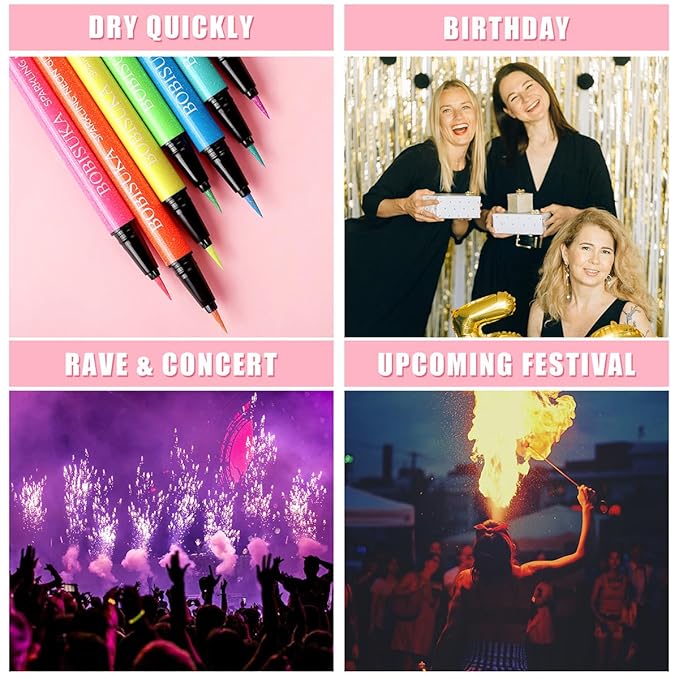 BOBISUKA 7 Colors Neon Eye Liner: UV Glitter Liquid Eyeliner Pencil - Colorful Waterproof Eyeshadow - Rainbow Smudge-proof Eye Makeup Pen Set For Halloween, Party And Birthday