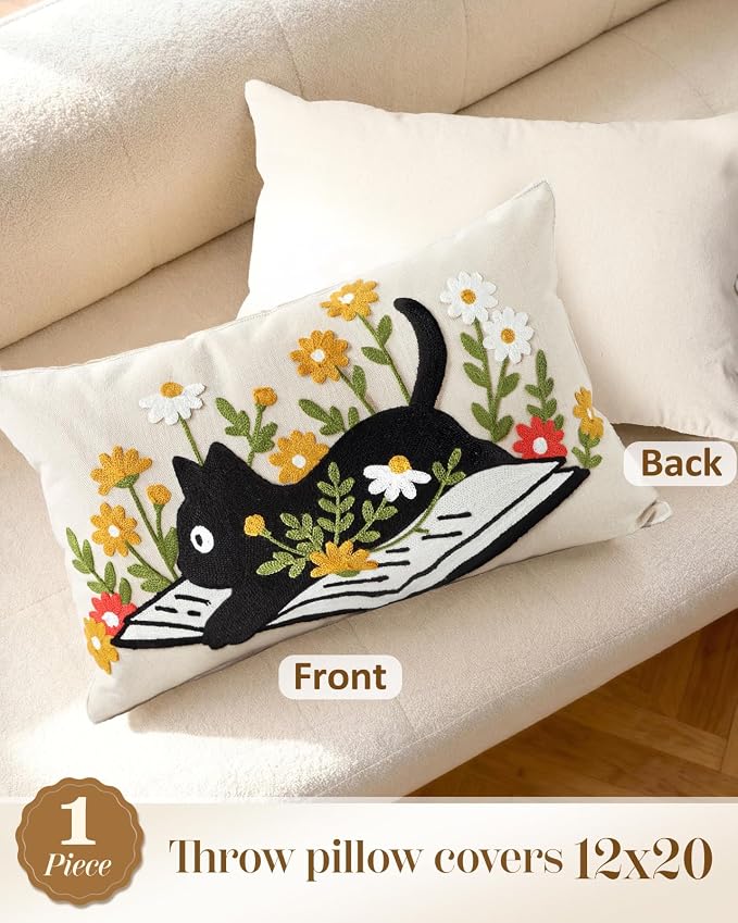 Animal Embroidered Lumbar Pillow Cover 20x12 Inch, Cat Floral | Decorative Throw Pillow Cover, Farmhouse Cushion Cases with Hidden Zipper, Cottagecore Decor for Couch, Sofa, Bedroom
