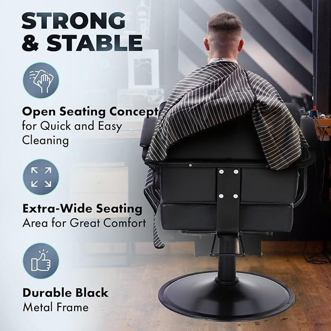 Buy-Rite Atlas Styling Chair for Professional Salons and Barbershops, Extra-Wide Seat, Black Metal Frame, Premium Black Vinyl with Detailed Stitching, Open Back Design, Hydraulic Base, NIN-5516