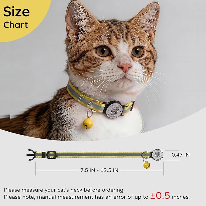 Breakaway Cat Collar QR Code, Reflective Bell, Adjustable Kitten, Yellow