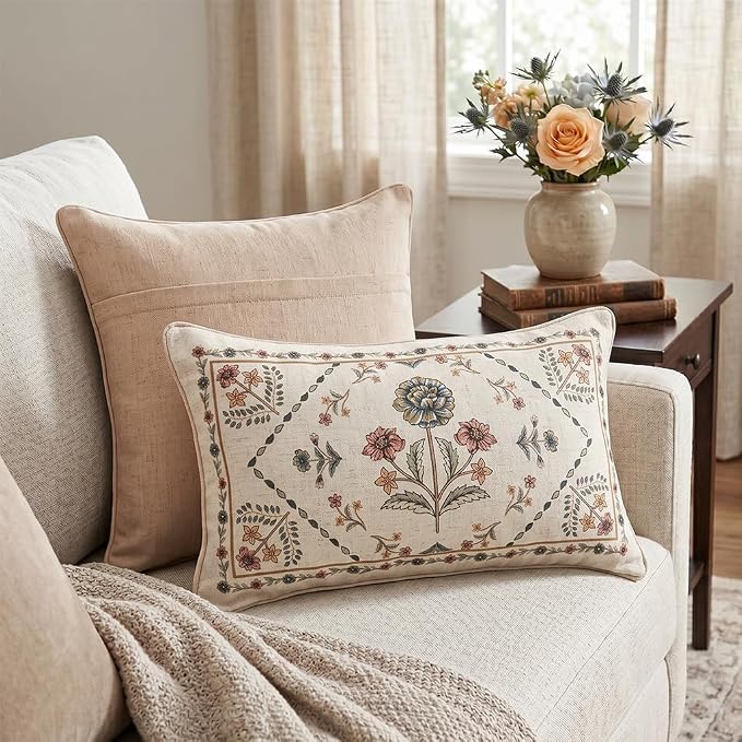 Designer Vintage Linen Throw Pillow Cover,20"x12"-Cornucopia B | Elegant French Rectangle Pillow Cover,Concealed Zipper Design,Floral Pattern,Sofas,Bedroom,Living Room,Lounge Chairs