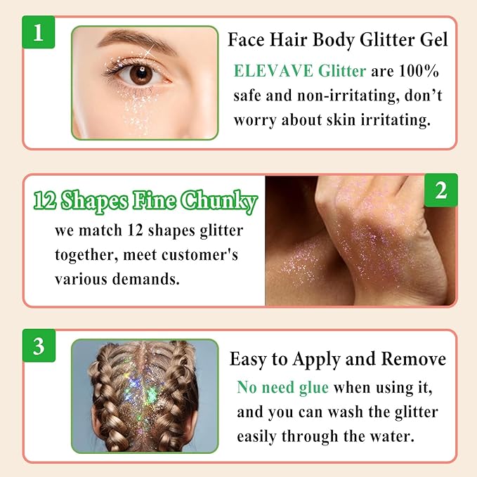 Body Glitter Face Glitter, Hair Glitter for Kids, 12 Shapes Fine Chunky Glitter Gel for Women Girls Makeup Sparkles Party Mermaid Sequins Rave Accessories Festival (White-Gold-Pink-Silver-Blue-Red)