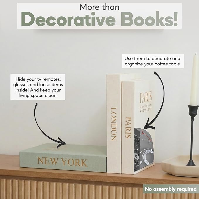 Faux Book Storage Box Set of 3—Green/Beige/Beige—Decorative Faux Books with Hidden Storage for Coffee Table Decor, Bookshelf or Mantle—Linen Decorative Boxes—Aesthetic Book Decor for Home
